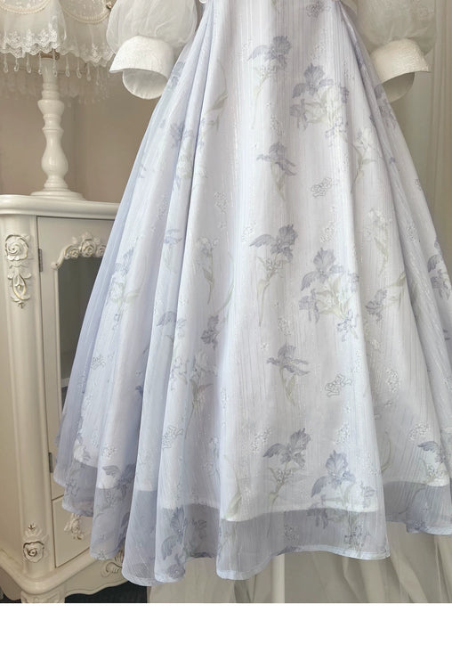 Lolita Fairy Dress! Lace Puff Sleeves + Light Blue Floral Maxi Skirt, Spring Garden Date Outfit