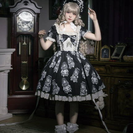 [Doll's Night OP] Original Design Doll-Style Lolita Dress with Embroidered Doll Print - Twin Version Set