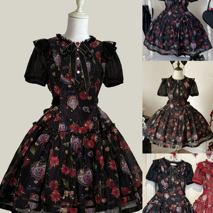 S-2XL Cherry Blossom Delight Lolita Dress – Sweet Vintage Print JSK/OP in Black, Red, Gray & White