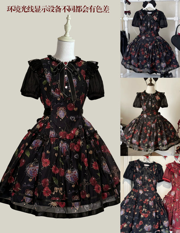 S-2XL Cherry Blossom Delight Lolita Dress – Sweet Vintage Print JSK/OP in Black, Red, Gray & White