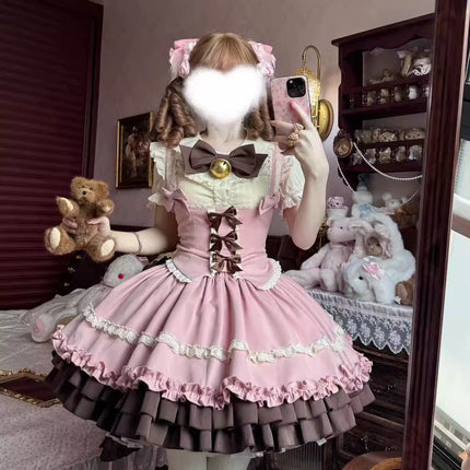 Whimsical Lolita Dress with Ruffled Skirt and Delicate Lace Trims