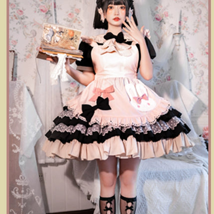 Sweet Pink Lolita Apron with Puff Sleeves OP Maid Lolita Dress