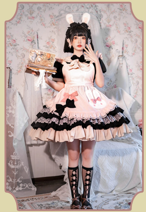 Sweet Pink Lolita Apron with Puff Sleeves OP Maid Lolita Dress