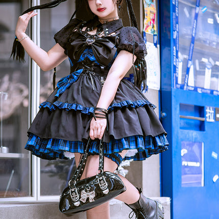 Gothic Blue Plaid Lolita JSK with Heart-Shape Neckline and Ruffled Trims
