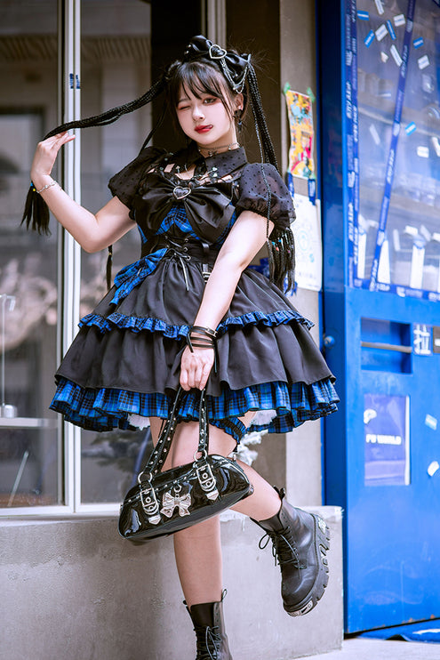 Gothic Blue Plaid Lolita JSK with Heart-Shape Neckline and Ruffled Trims