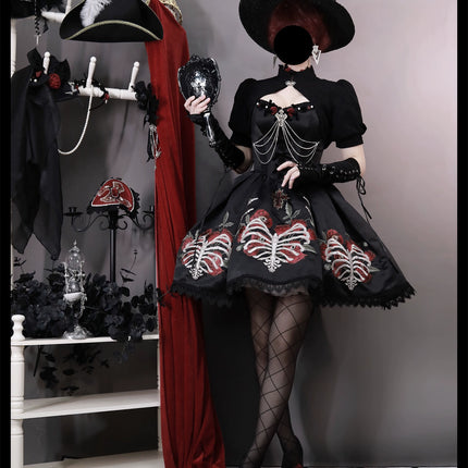 S-XL Skeleton Fishbone Skirt JSK Embroidered Beaded Dark Mysterious Dress Lolita Gown