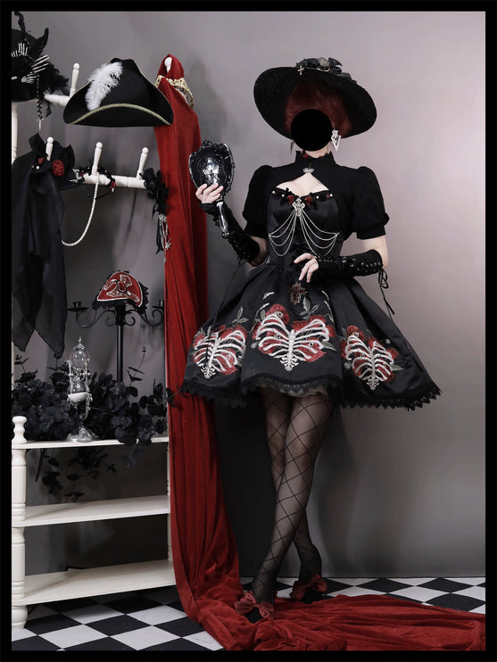 S-XL Skeleton Fishbone Skirt JSK Embroidered Beaded Dark Mysterious Dress Lolita Gown