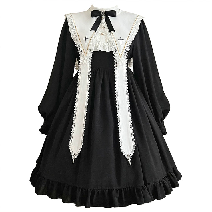 Long-sleeved Lolita princess dress, black, gothic and classical style, suitable for daily wear and Halloween.