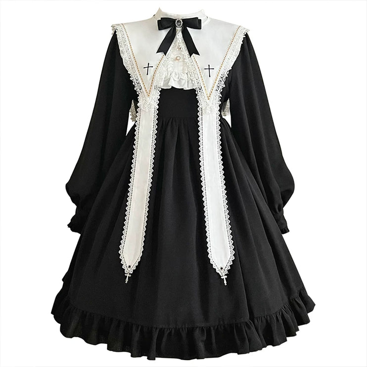 Long-sleeved Lolita princess dress, black, gothic and classical style