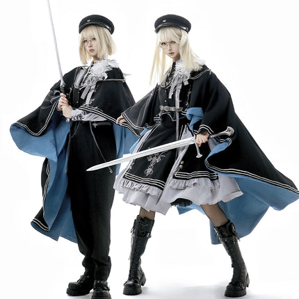 Women's Elegant Cape - style Dress with Navy Blue Lining and Delicate Embellishments