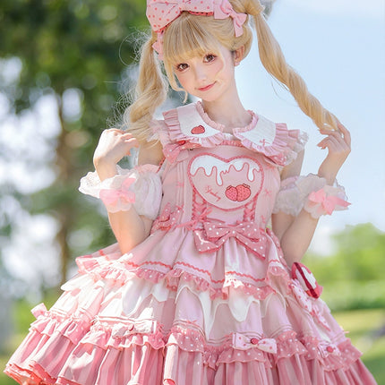 S-XXL Strawberry Party Jumper Skirt JSK Spring/Summer Pink Lolita Dress Set