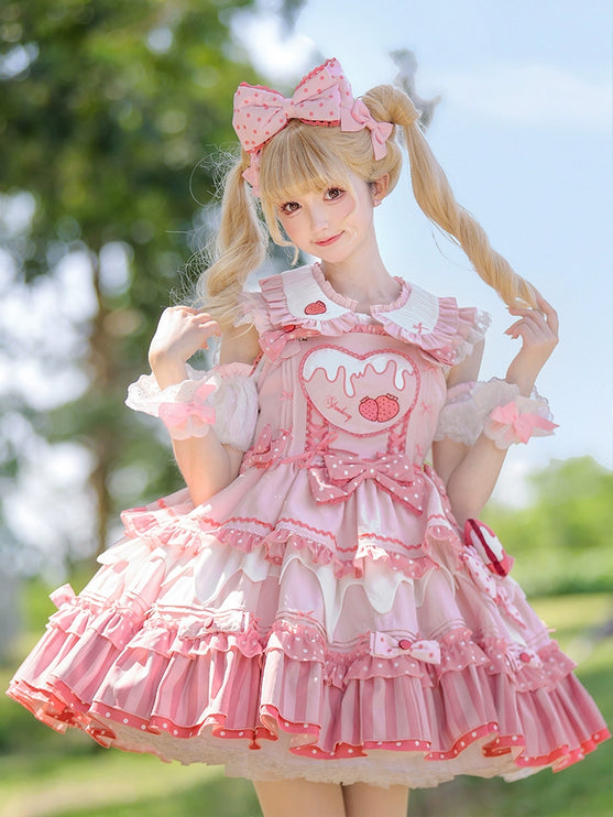 S-XXL Strawberry Party Jumper Skirt JSK Spring/Summer Pink Lolita Dress Set