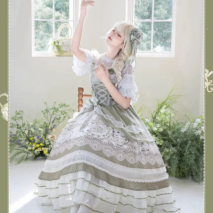 Sweet Lolita Dress - Light Green Layered Tulle Skirt with Lace & Embroidery