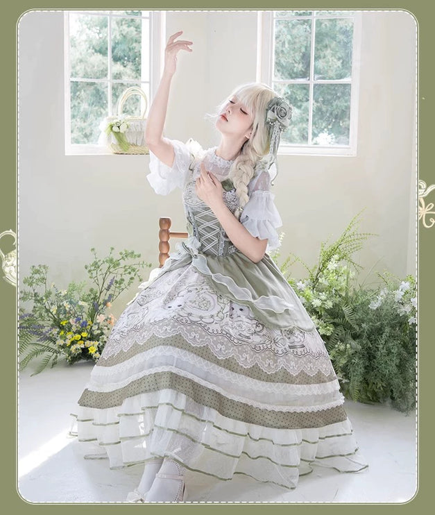 Sweet Lolita Dress - Light Green Layered Tulle Skirt with Lace & Embroidery
