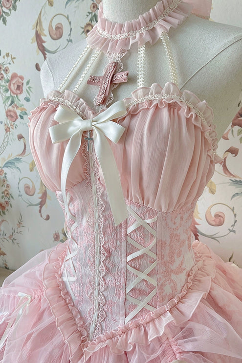 Fairy-Tale Ballet Doll Lolita Halter Dress with Corset Lace-Up and Ruffled Layers – Available in 8 Colors