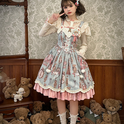 Enchanting Pastel Green Animal Illustration Lolita Jumper Skirt (JSK) Dress