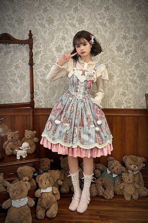 Enchanting Pastel Green Animal Illustration Lolita Jumper Skirt (JSK) Dress