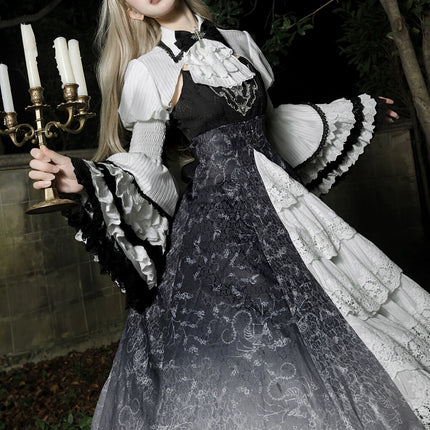 Gothic Victorian Lolita Set – High-Neck Lace Blouse & Gradient Layered JSK with Embroidered Bodice and Ruffled Sleeves