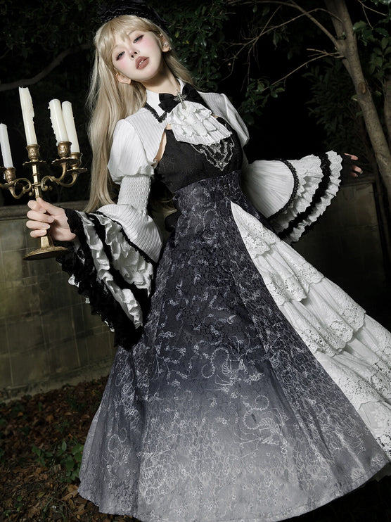 Gothic Victorian Lolita Set – High-Neck Lace Blouse & Gradient Layered JSK with Embroidered Bodice and Ruffled Sleeves