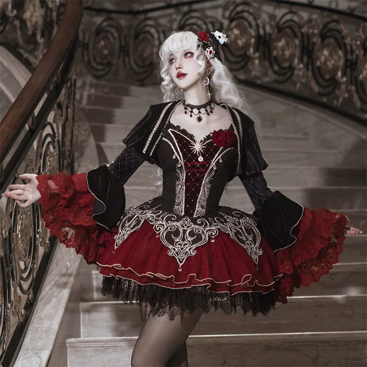 Gothic - Lolita Dress: Red & Black Elegance with Intricate Embroidery and Fluffy Sleeves