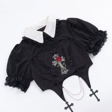 Gothic Black Rose Embroidery Cut-Out Blouse with Asymmetrical Lolita Dress Set