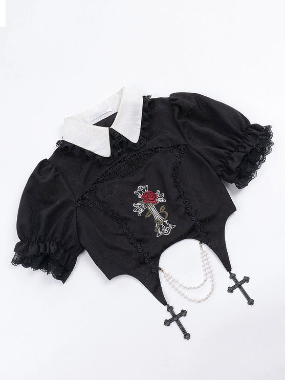 Midnight Rose Gothic Lolita Set - Embroidered Cutout Blouse with Cross and Pearl Accents