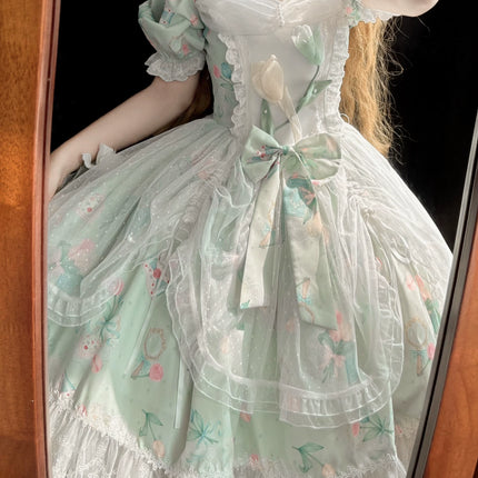 Vintage-Sweet Style Arrives! Mint-Green Print Lolita Dress with Lace Trim – Create a Retro-Sweet Girl Look