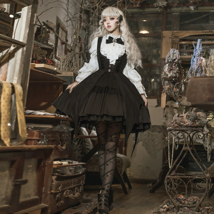 Gothic Sorceress Lolita Set - Witch-Inspired Suspender Dress with Ruffled Blouse and Enchanted Hat