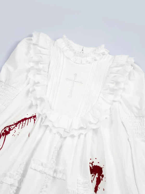 Gothic Lolita White Dresses with Bloody Accents, Delicate Lace and Charming Design