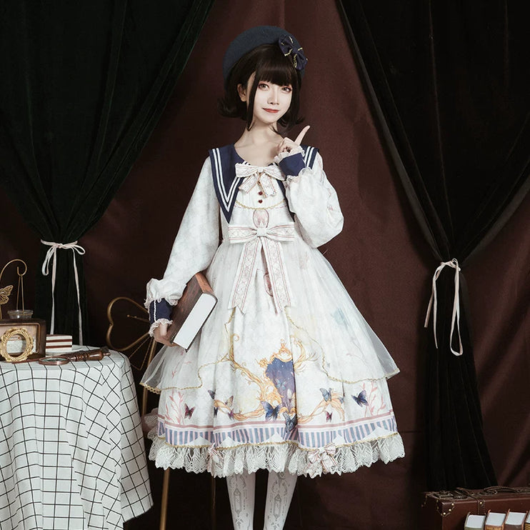 Navy Collar Embroidered Bow Floral Jacquard Puffy Long Sleeve OP Dress