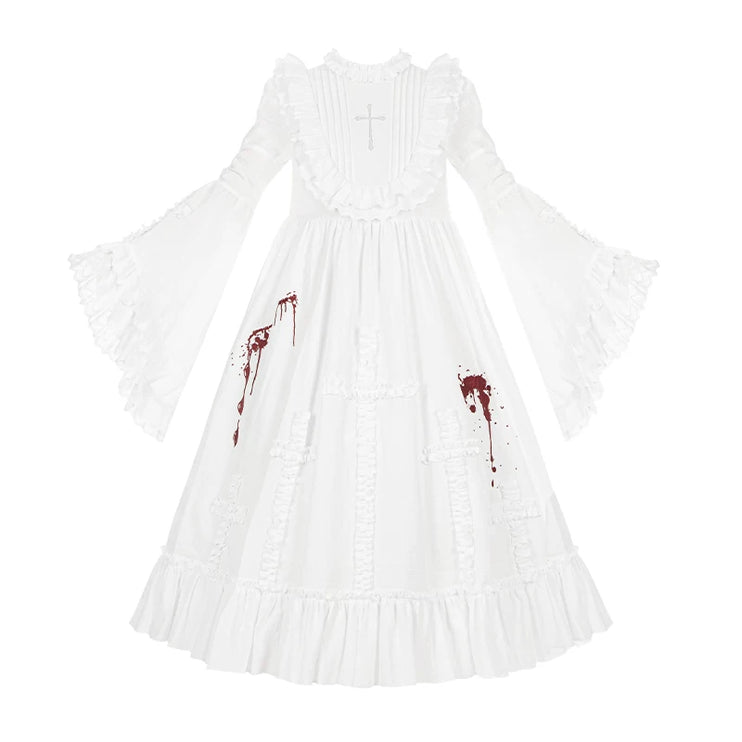 Gothic Lolita White Dresses with Bloody Accents, Delicate Lace and Charming Design