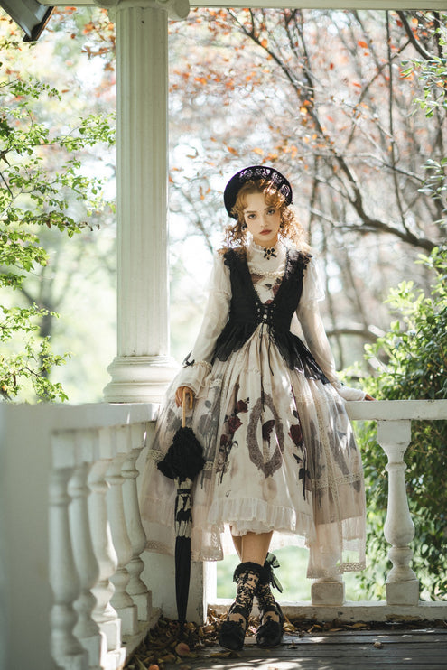 Gothic Butterfly Lolita Dress Set - High Collar Inner Layer with Lace Overlay and Waist-Cinching Vest