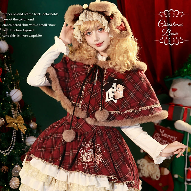 Chestnut Bear Cocoa Lolita Christmas Plaid Cloak JSK — Winter Vibe