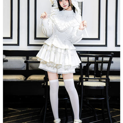 Gothic Lolita Dress with White Lace Collar, Long Sleeves and Lace - up Details