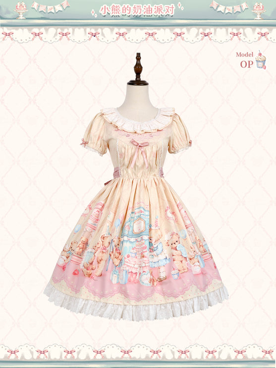 Teddy Bear's Cream Party Sweet Lolita JSK with Lace and Ribbon Accents