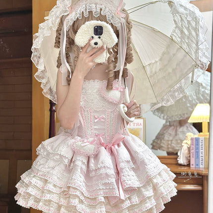 Whimsical Pastel Lolita Dress with Embroidered Animal Motifs and Ruffled Skirt