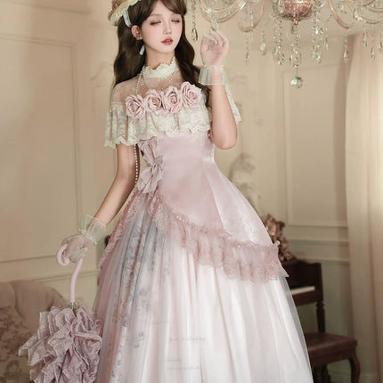 Vintage - inspired Pink Tea - length gown with Floral Lace and Tulle Layers, set for spring and summer
