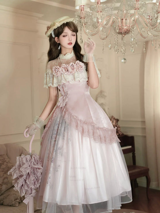Vintage - inspired Pink Tea - length gown with Floral Lace and Tulle Layers, set for spring and summer
