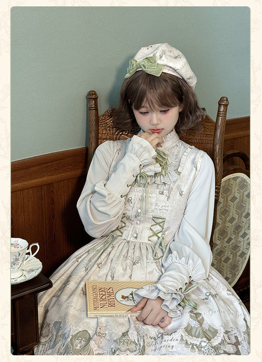 Whimsical Floral Lolita Dress – Tiered Skirt with Detachable Bows & Crisscross Ribbon Details