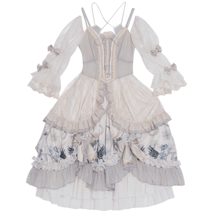 Ethereal Cream Floral Lolita Dress with Puffed Sleeves and Multi-Tiered Skirt