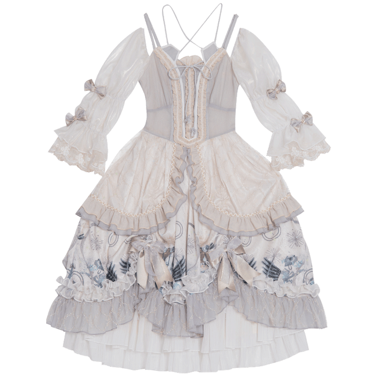 Ethereal Cream Floral Lolita Dress with Puffed Sleeves and Multi-Tiered Skirt