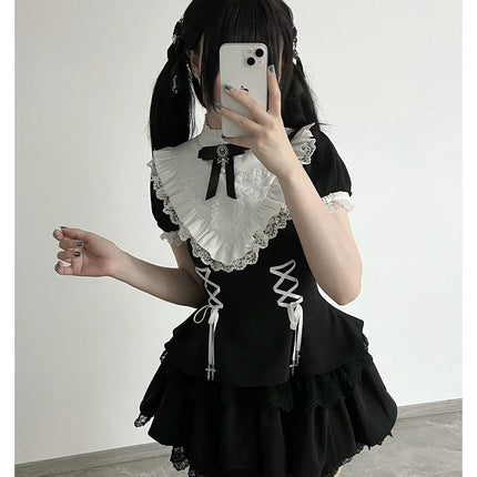 Gothic Lolita Dress with White Lace Collar, Long Sleeves and Lace - up Details