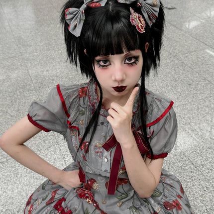 S-2XL Cherry Blossom Delight Lolita Dress – Sweet Vintage Print JSK/OP in Black, Red, Gray & White