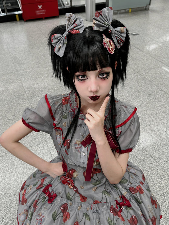 S-2XL Cherry Blossom Delight Lolita Dress – Sweet Vintage Print JSK/OP in Black, Red, Gray & White