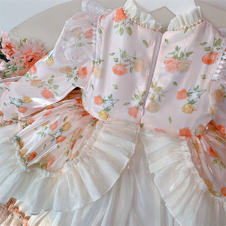 Charming Pastel Pink Lolita Dress for Girls - Floral Embellished, Multi-Layered Skirt