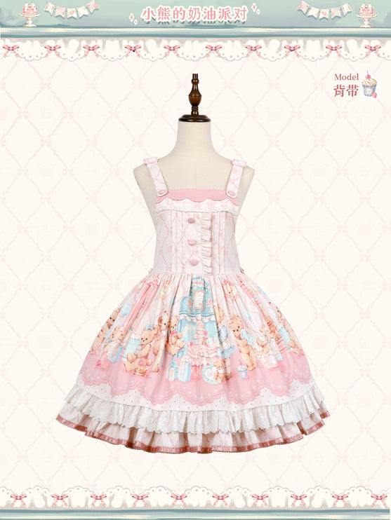 Teddy Bear's Cream Party Sweet Lolita JSK with Lace and Ribbon Accents