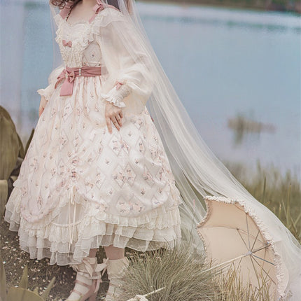 Elegant Cream Lolita Dress with Floral Embroidery and Ruffled Skirt