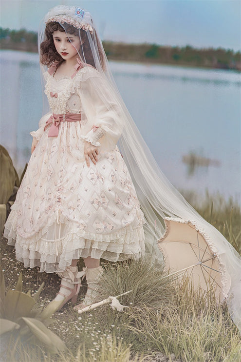 Elegant Cream Lolita Dress with Floral Embroidery and Ruffled Skirt