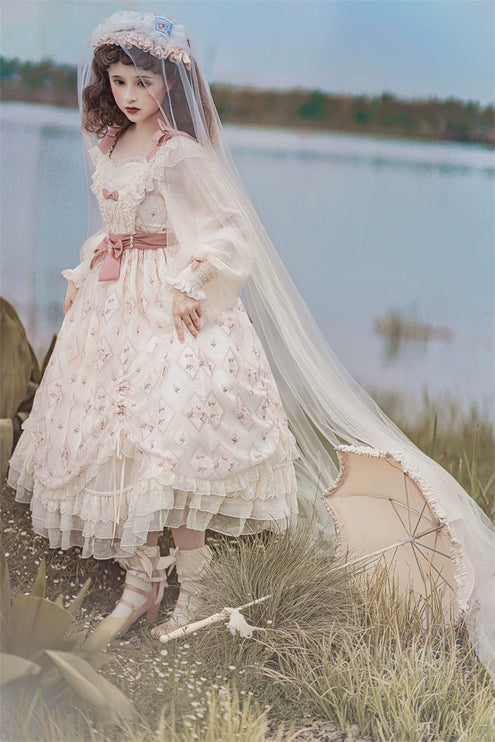 Elegant Cream Lolita Dress with Floral Embroidery and Ruffled Skirt - Perfect for Tea Parties and Special Occasions