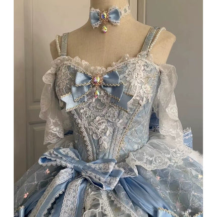 Dreamy Light - Blue Lolita Grand Ball Gown with Intricate Lace and Elegant Bow Decorations